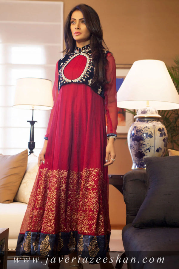 Red Chiffon with block print and velvet body with emb