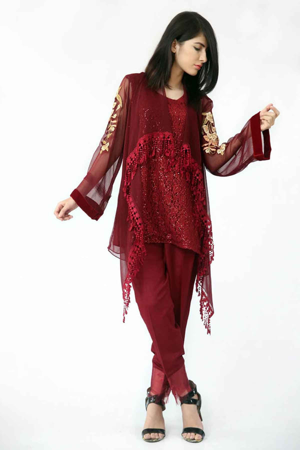 RED CHIFFON SHRUG WITH SEQUENCE NET INNER & RAW SILK TROUSER