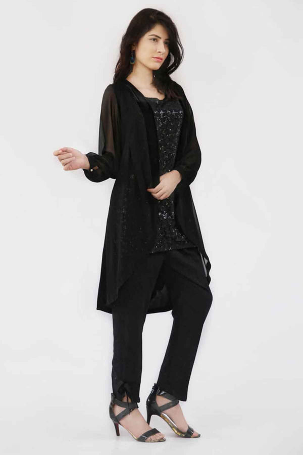 BLACK CHIFFON JACKET WITH SEQUENCE INNER RAW SILK STRAIGHT TROUSER