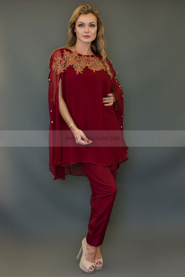 MAROON CHIFFON SHRUG WITH NECK EMB AND TROUSER