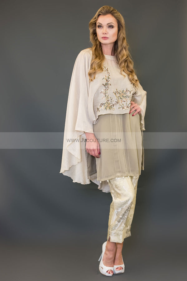 OFFWHITE CAPE WITH EMB AND BEIGE KHADI NET INNER WITH TROUSER