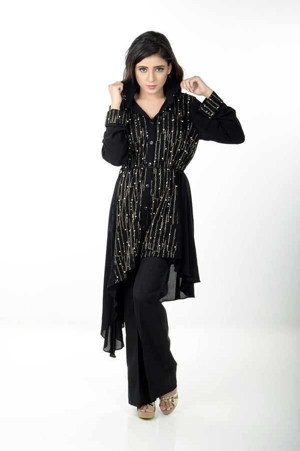 BLACK CREPE LINEN SIDE DROP SHIRT WITH PEARL FRONT