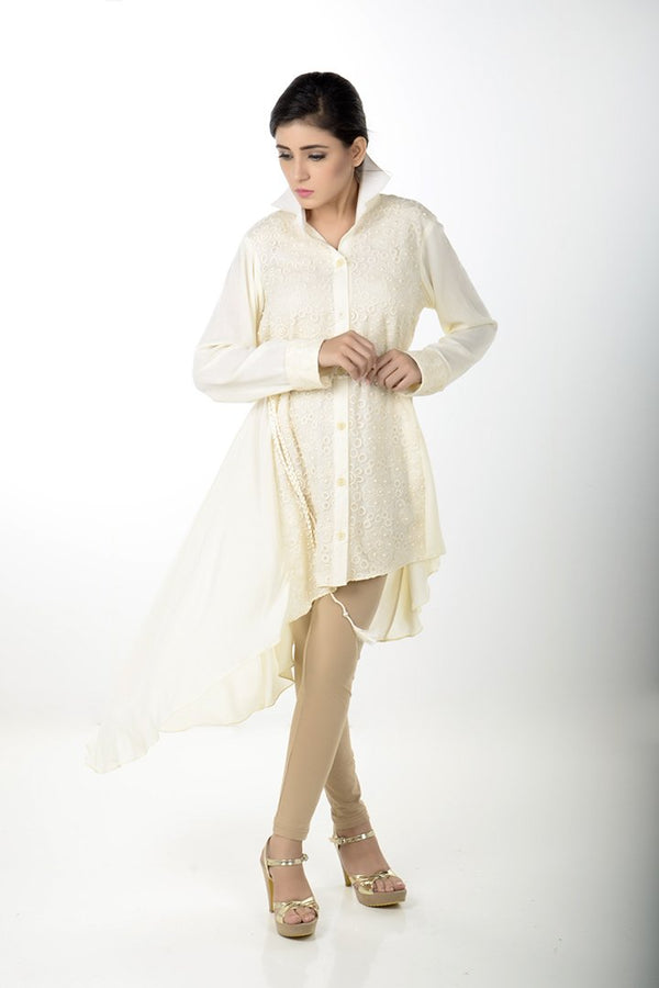 WHITE CREPE LINEN SIDE DROP SHIRT WITH CROCHET LACE FRONT