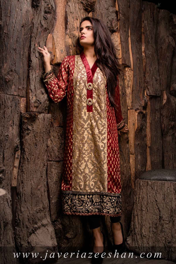 RED JAMAWAR WITH LEATHER FRONT AND LACE BORDER