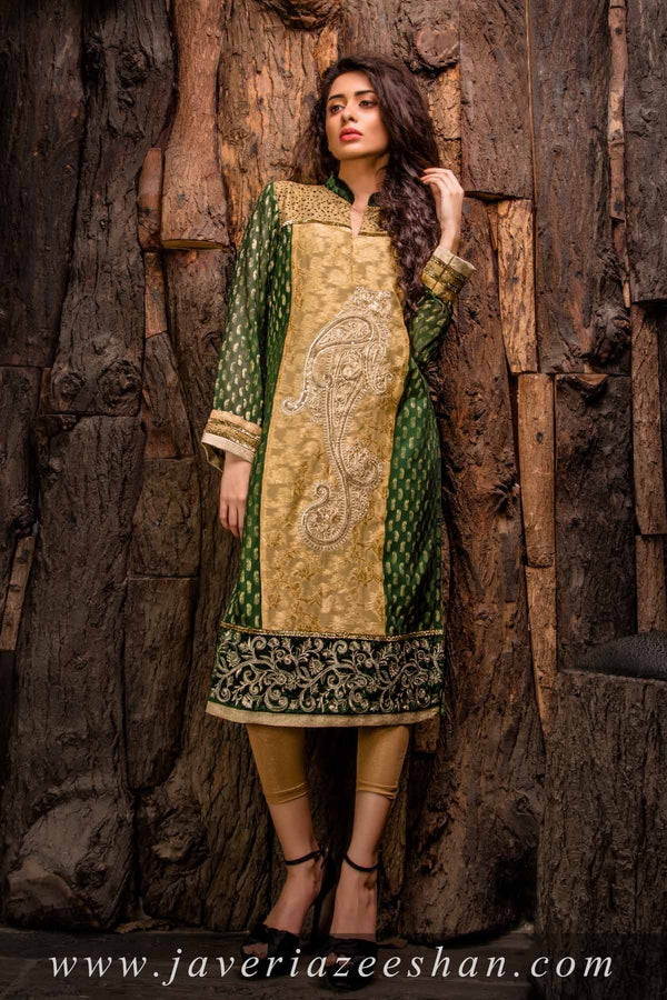 Green Jamawar with Yellow front Applique