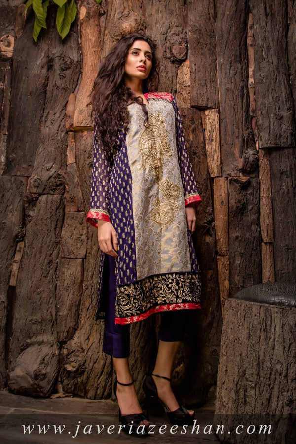 NAVY BLUE JAMAWAR WITH LEATHER FRONT AND LACE BORDER