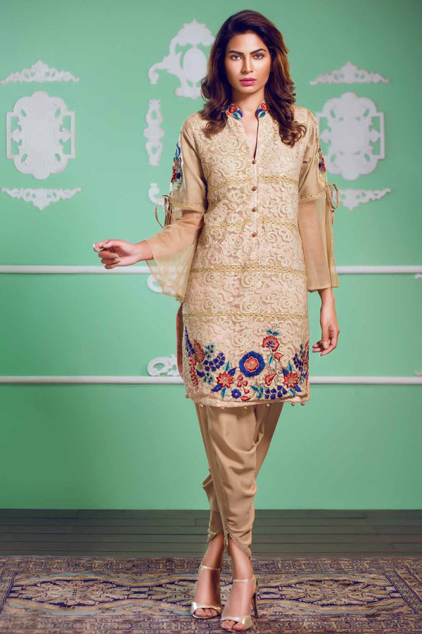 BEIGE LACE NET WITH DAMAN EMBROIDERY