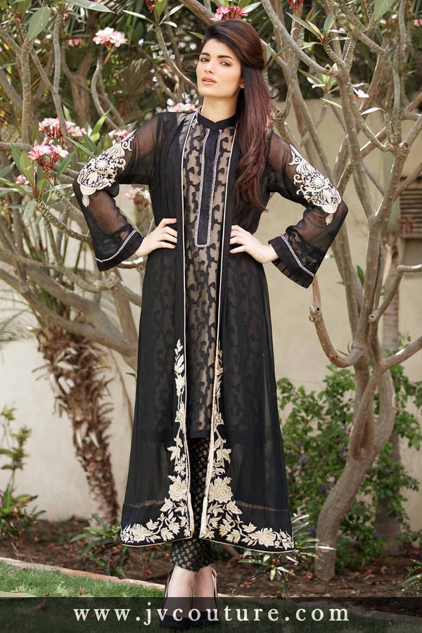 BLACK CHIFFON JACKET WITH DAMAN EMBROIDERY AND COTTON NET INNER
