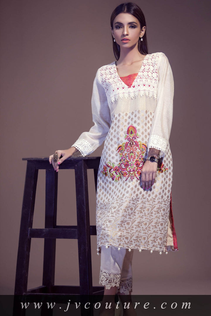 BEIGE JAMAWAR WITH LACE NECK AND MULTICOLOR EMB