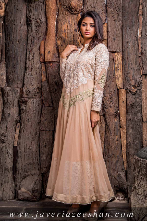 BEIGE CHIFFON WITH OFFWHITE BODY EMB AND FULL SLEEVES