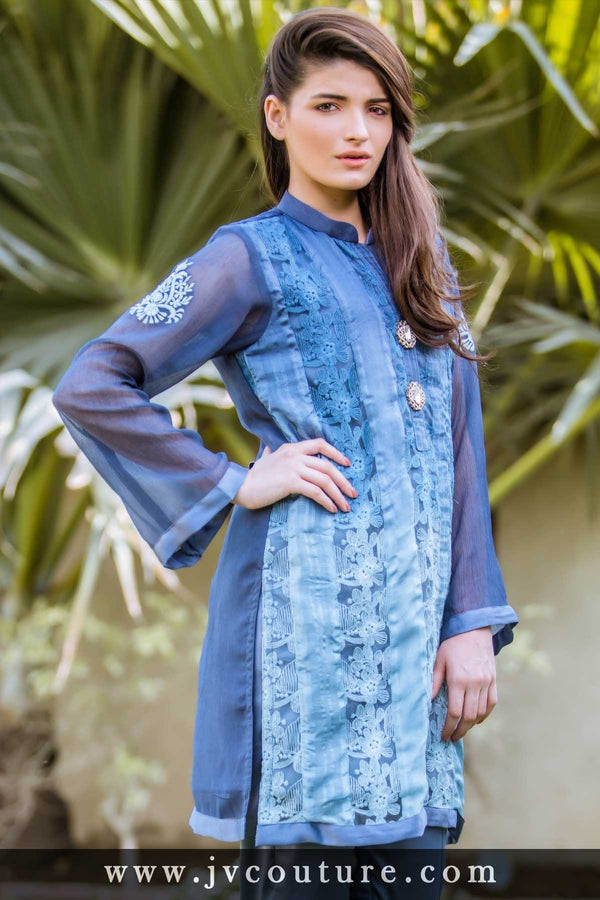 BLUE SHADED LACE SHIRT WITH BUTTONS