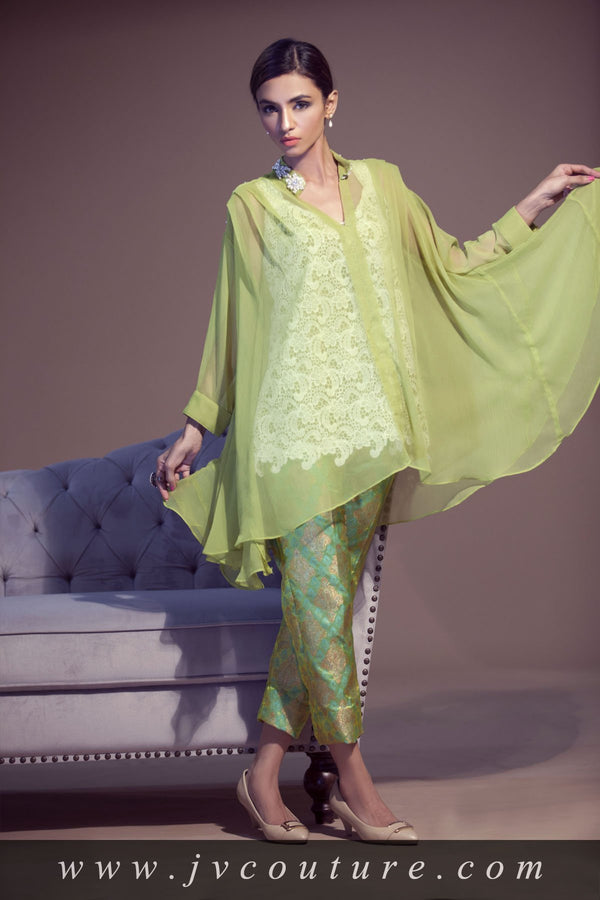 MINT GREEN CHIFFON WITH LACE INNER AND PEARL COLLAR EMB