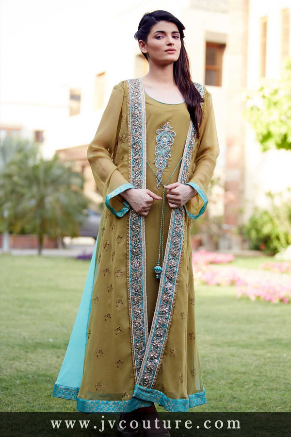 OLIVE GREEN CHIFFON JACKET WITH EMBROIDERY AND INNER BUNCH