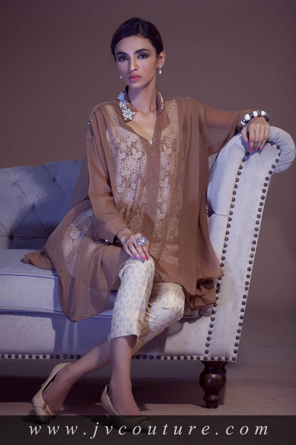 BROWN CHIFFON WITH LACE INNER AND PEARL COLLAR EMB
