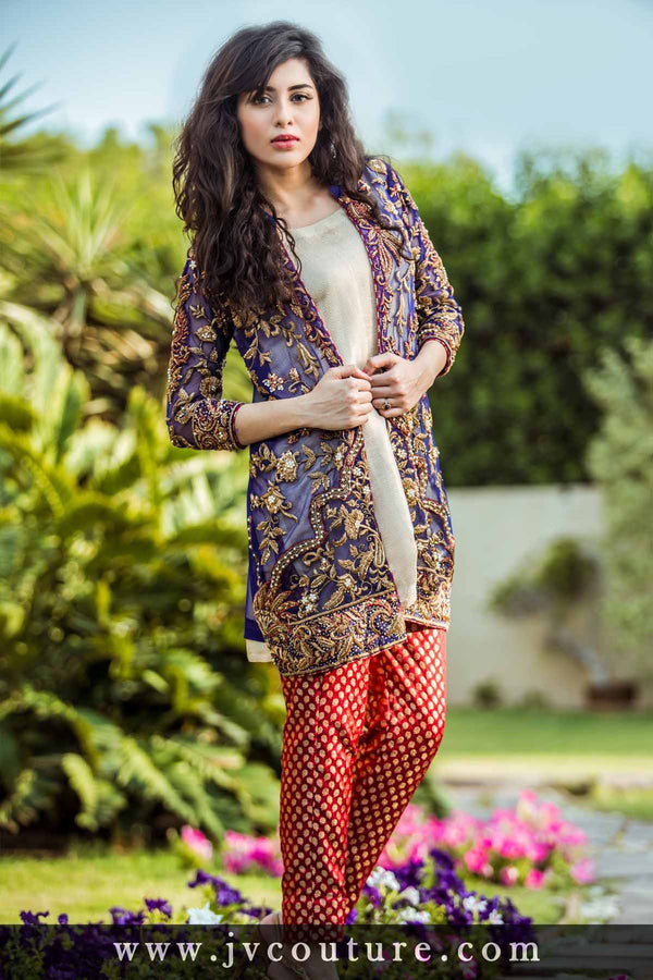 ROYAL BLUE NET JACKET WITH EMBROIDERY AND JAMAWAR TROUSER