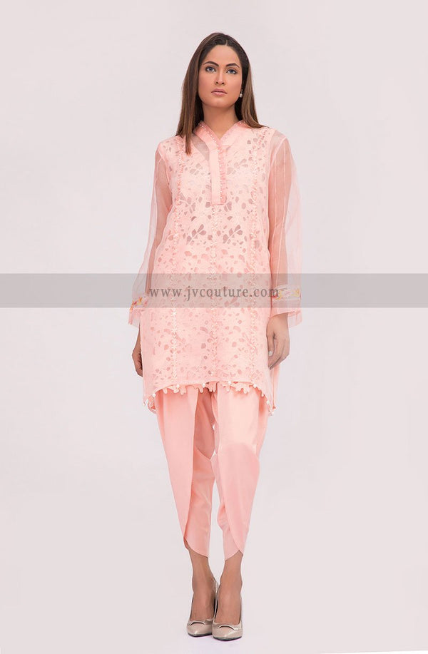 PINK ORGANZA SHIRT WITH CROCHET INNER AND SILK TULIP TROUSER