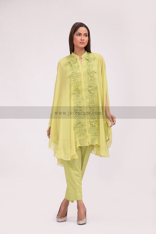 LIME GREEN CHIFFON SHIRT WITH LACE APPLIQUE AND SILK TROUSER