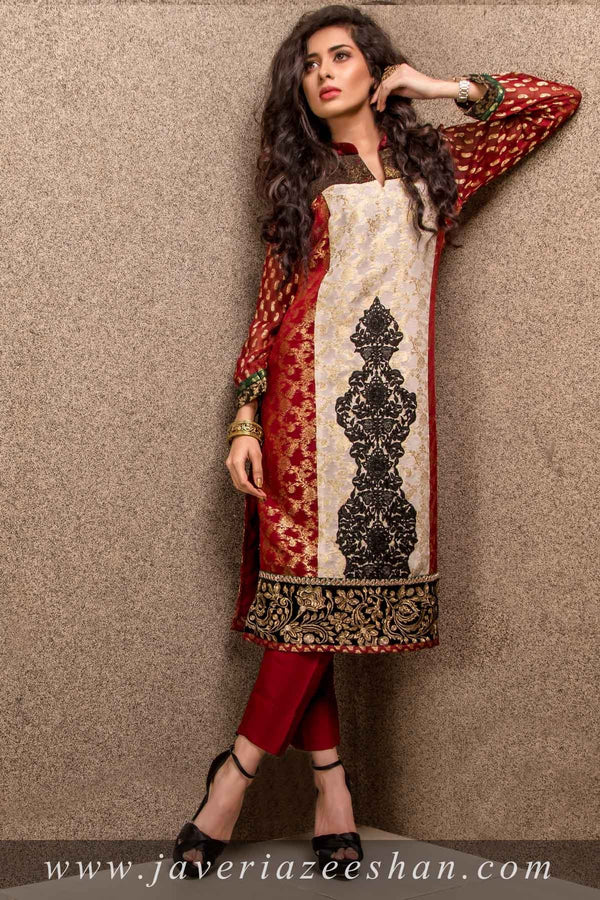 RED / OFFWHITE JAMAWAR WITH BLACK LACE MID APPLIQUE
