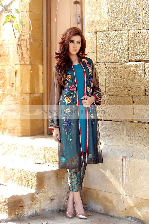 SHIMMER NET JACKET WITH FLOWER EMB AND CHIFFON WITH JAMAWAR TROUSER