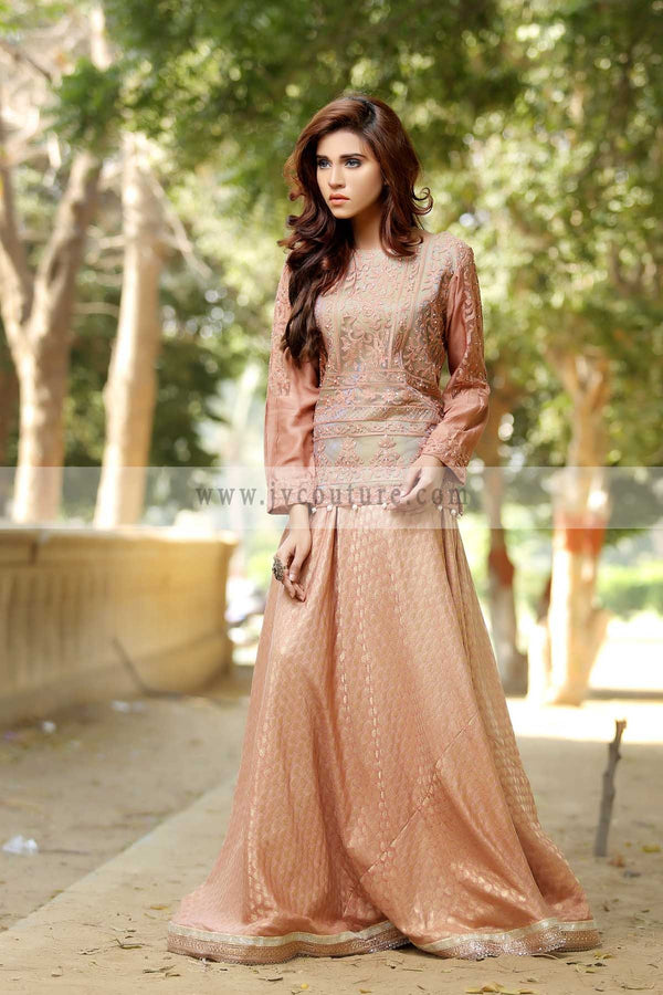 PEACH LACE NET TOP WITH PEARLS AND LENGHA