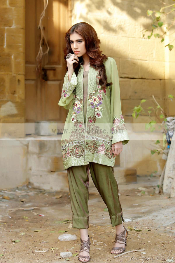LIME GREEN CHIFFON EMB TOP WITH SHIMMER TROUSER