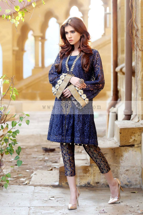 NAVY BLUE LACE SEQUENCE SHIRT WITH EMB & SLEEVES + JAMAWAR TROUSER