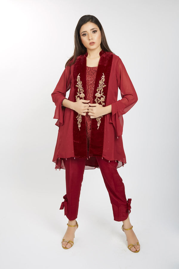 RED CHIFFON JACKET WITH VELVET EMBROIDERY AND RAW SILK KNOTTED BOTTOM TROUSER