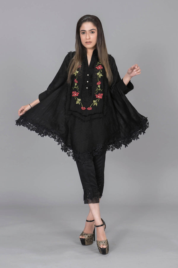 BLACK SELF KHADI COTTON WITH RED FLORAL NECK EMBROIDERY