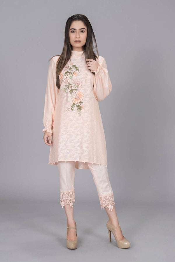 PEACH SELF KHADI COTTON WITH BODY EMBROIDERY