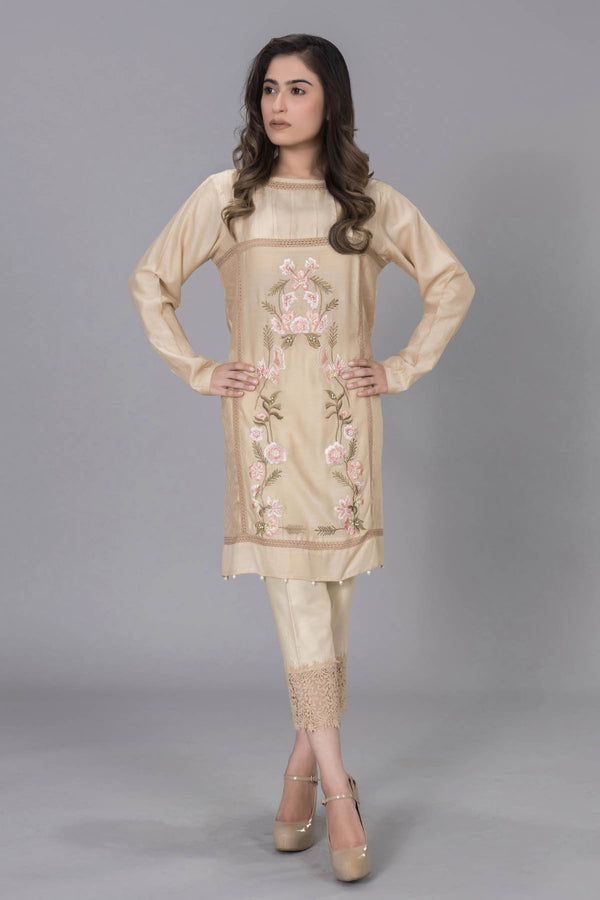 BEIGE KHADI COTTON WITH PASTEL FRONT EMBROIDERY