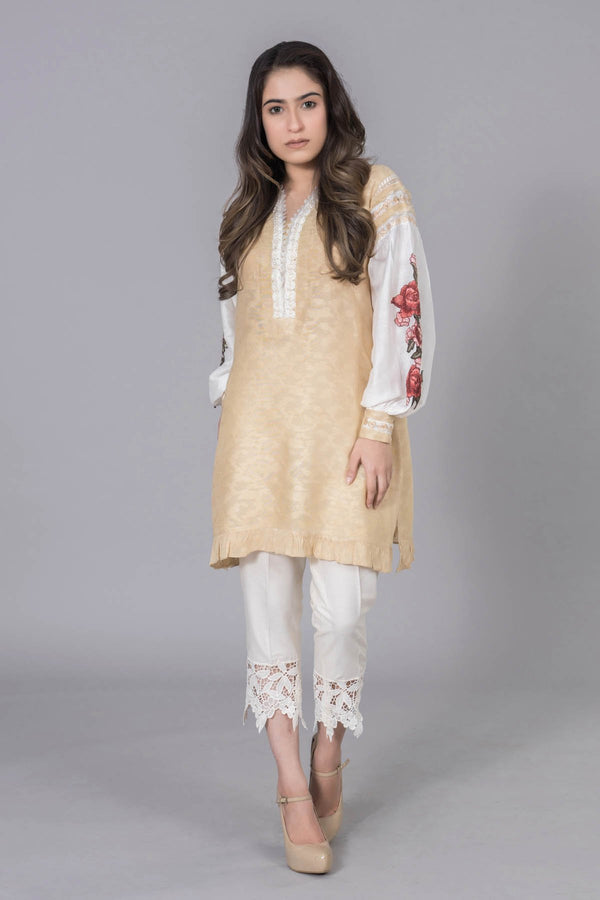 BEIGE KHADI NET WITH FLORAL SLEEVES EMBROIDERY
