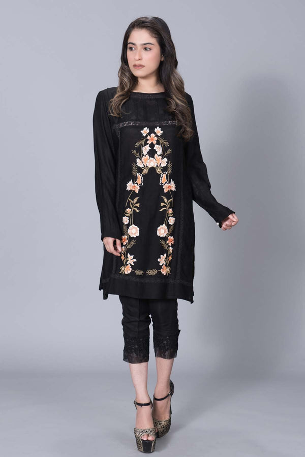 BLACK SELF KHADI COTTON WITH PASTEL EMBROIDERY