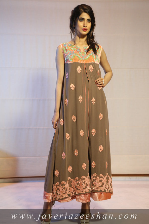 Beige Georgette with peach velvet body emb and bunches