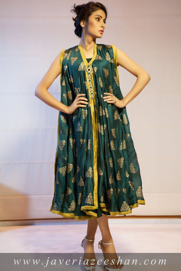 khadi Net flair top with block print and broch