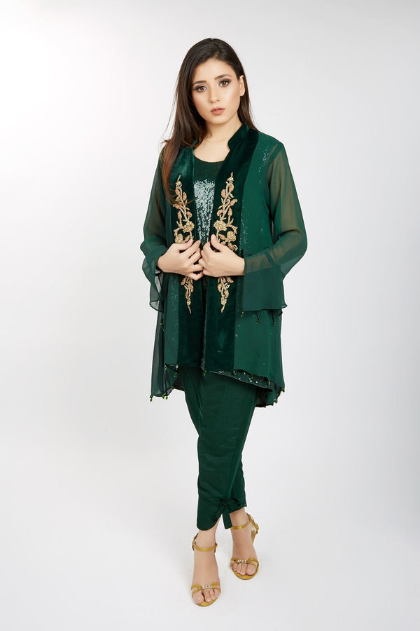 EMERALD GREEN CHIFFON JACKET WITH VELVET EMBROIDERY AND RAW SILK KNOTTED BOTTOM TROUSER