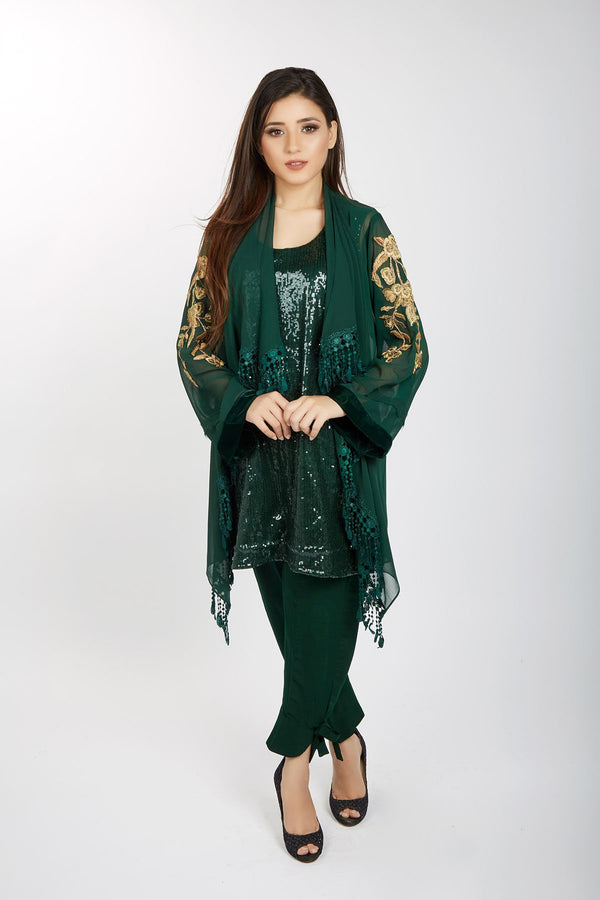 GREEN CHIFFON SHRUG WITH SEQUENCE NET INNER & RAW SILK TROUSER - JV COUTURE