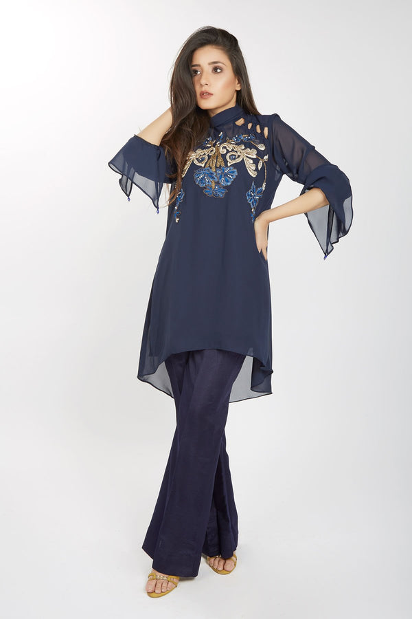 NAVY BLUE GEORGETTE SHIRT WITH KRISS KROSS SHOULDER AND BELL BOTTOM TROUSER