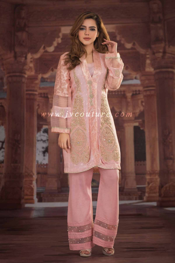 PINK KHADI NET SHIRT WITH EMB AND RAW SILK TROUSER