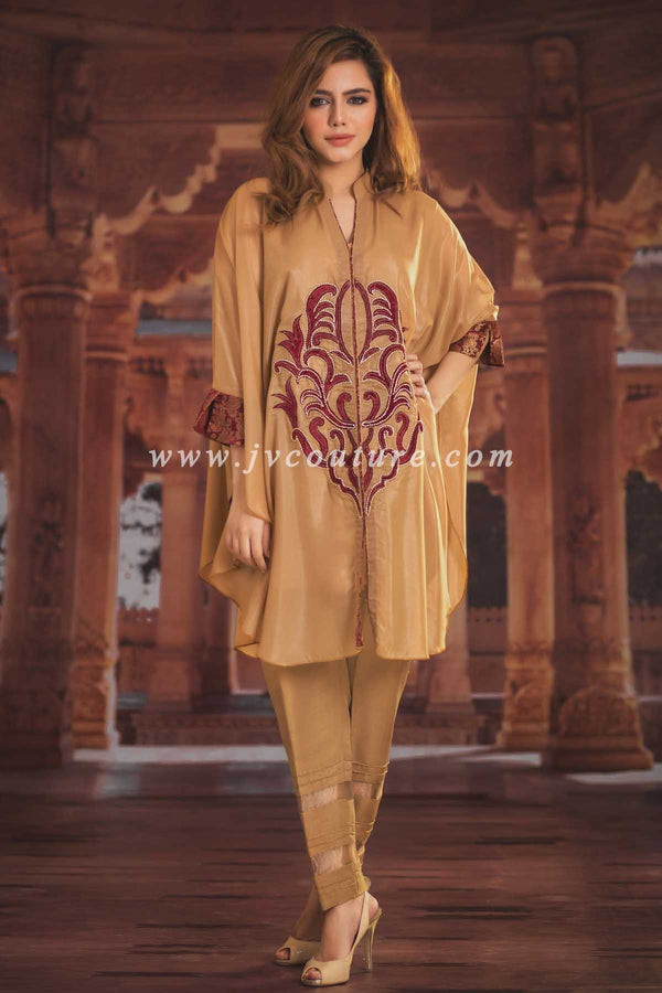BEIGE SHIMMER SHIRT WITH APPLIQUE EMB AND RAW SILK TROUSER