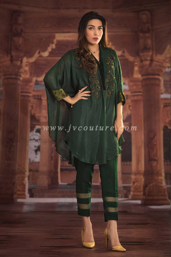 GREEN SHIMMER CAPE SHIRT WITH RAW SILK TROUSER