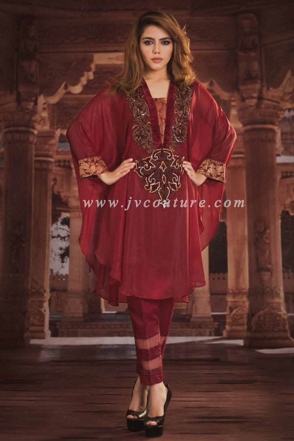 Red Lace sequence Shirt with emb amp Jamawar trouser