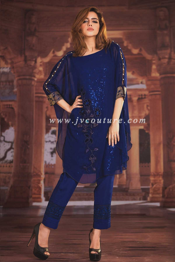 BLUE SHIMMER SHIRT WITH SEQUENCE INNER AND JAMAWAR TROUSER