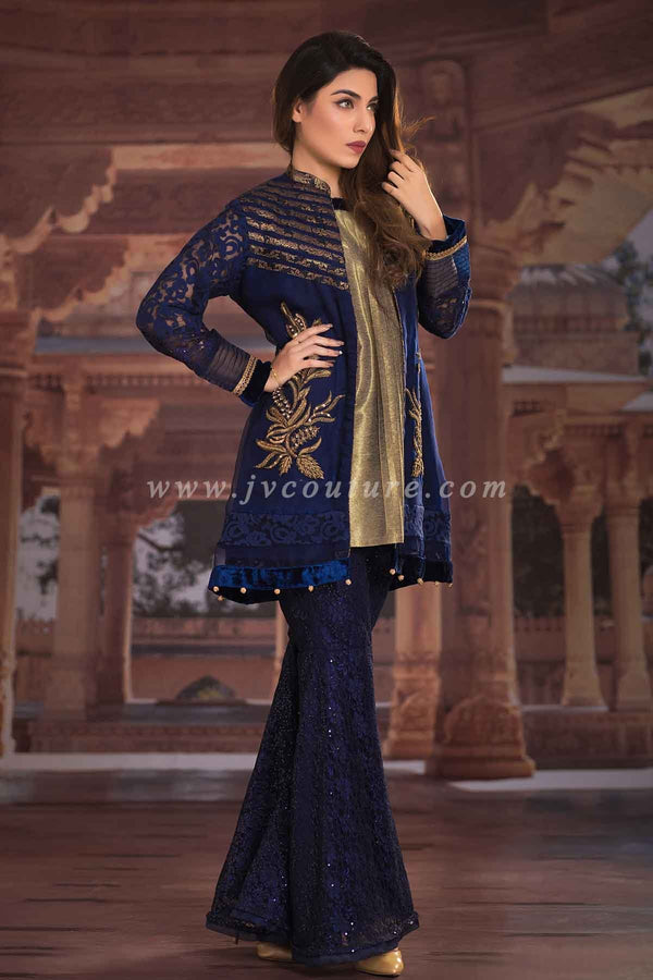 ROYAL BLUE SEQUENCE JACKET WITH COPPER EMB AND WITH JSEQUENCE FLAIR TROUSER