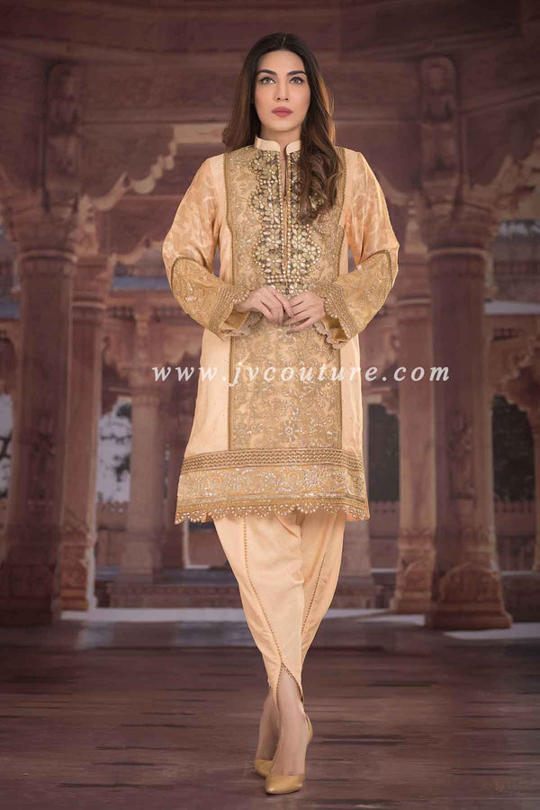PEACH KHADI NET SHIRT WITH LACE EMB AND SILK TULIP TROUSER