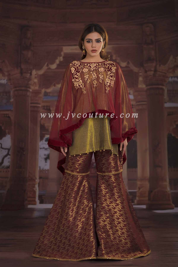 RED NET CAPE WITH BODY EMB AND JAMAWAR LENGHA TROUSER
