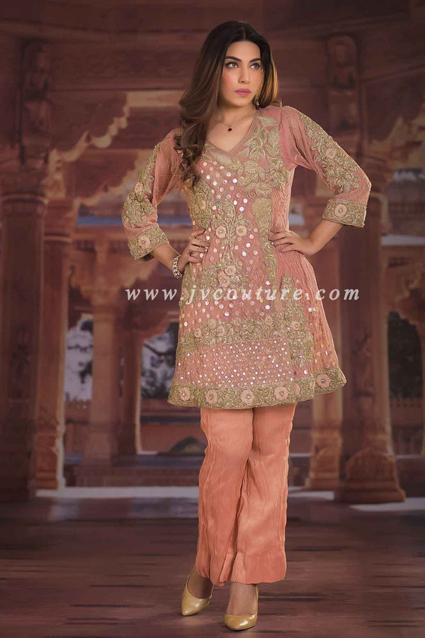 PINK SHIMMER NET SHIRT WITH EMBROIDERY AND MISSOURI CRUSH TROUSER