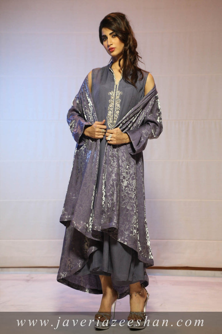 Grey shimmer shrug with suede silk inner