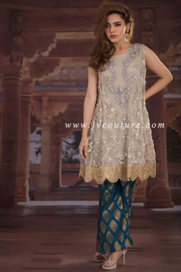 GRAY SILVER NET SHIRT WITH EMBROIDERY AND FEROZI JAMAWAR TROUSER JV Couture GRAY SILVER NET SHIRT WITH EMBROIDERY AND FEROZI JAMAWAR TROUSER JV Couture